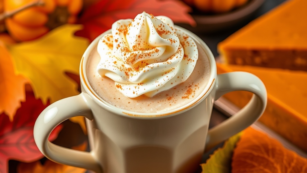 Homemade Pumpkin Spice Latte Recipe Homemade Pumpkin Spice Latte in a mug, topped with whipped cream and spices, with autumn decorations in the background.